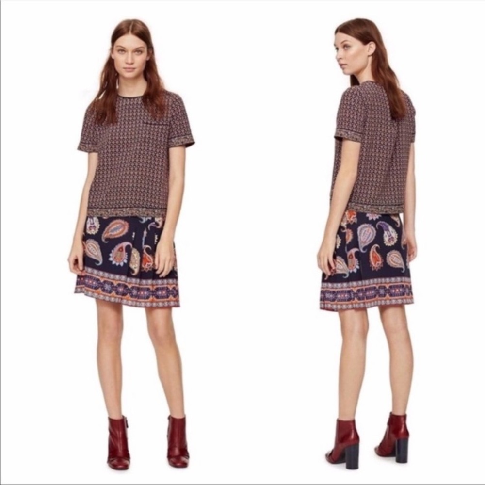 Tory Burch Paisley 100% Silk Etno Mini Skirt Size 0 Pleated